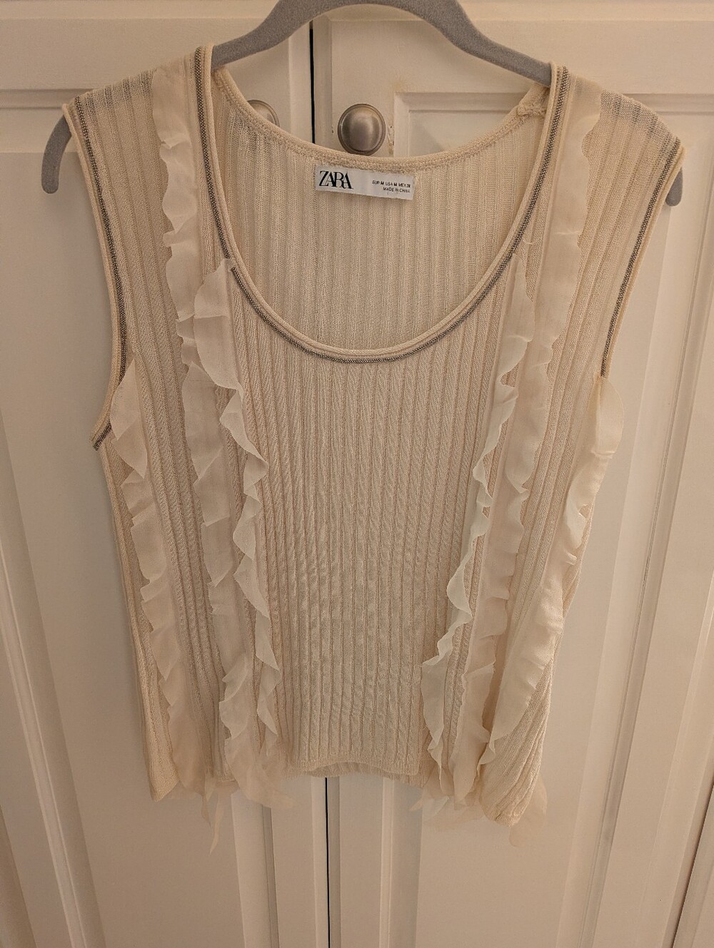 Zara Cream Ribbed Tank with Ruffle Trim
